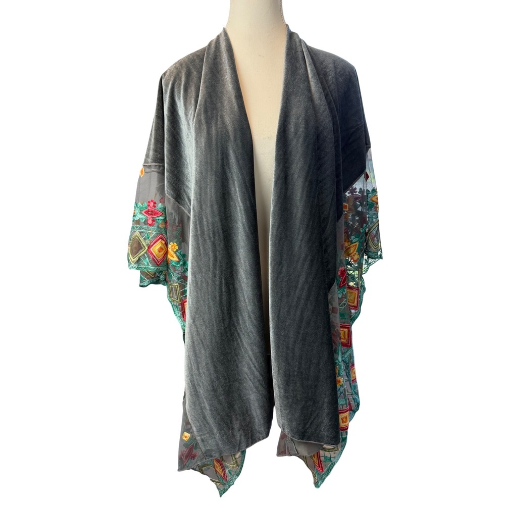 Tamsy Gray Velvet Kimono Wrap Embroidered Mesh Floral Boho Open Front Cardigan